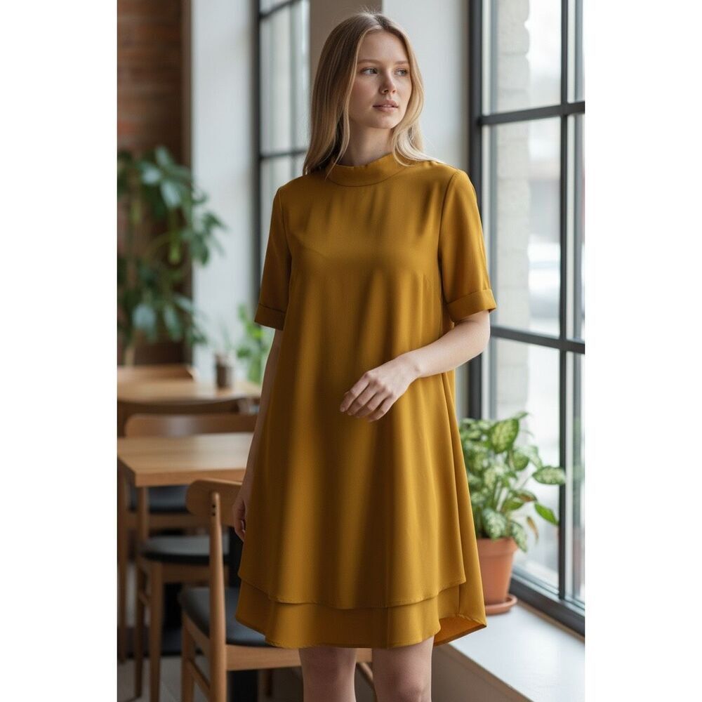 Rachel Roy Mustard Butter Yellow high-neck short sleeve trapeze dress M